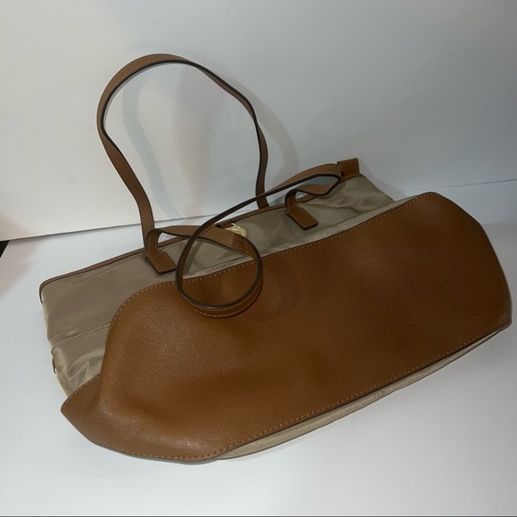 Michael Kors Kempton Tote Nylon Beige Brown Faux Leather Gold Hardware - Picture 10 of 14